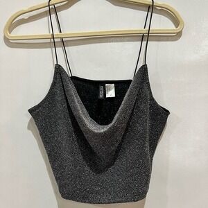 H & M Divided Womens Camisole‎ M Silver Sparkly Crop Spaghetti Strap